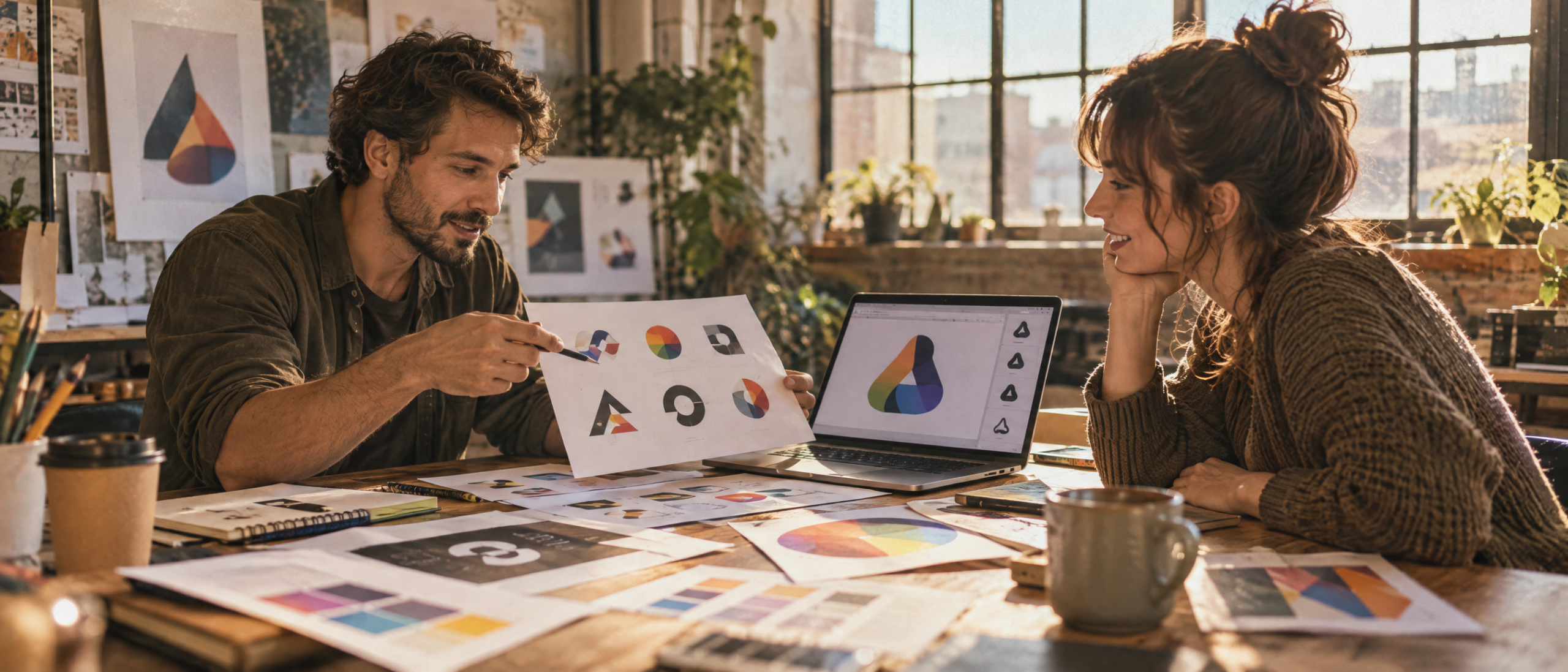 Designer and client comparing colorful logo sketches and brand boards