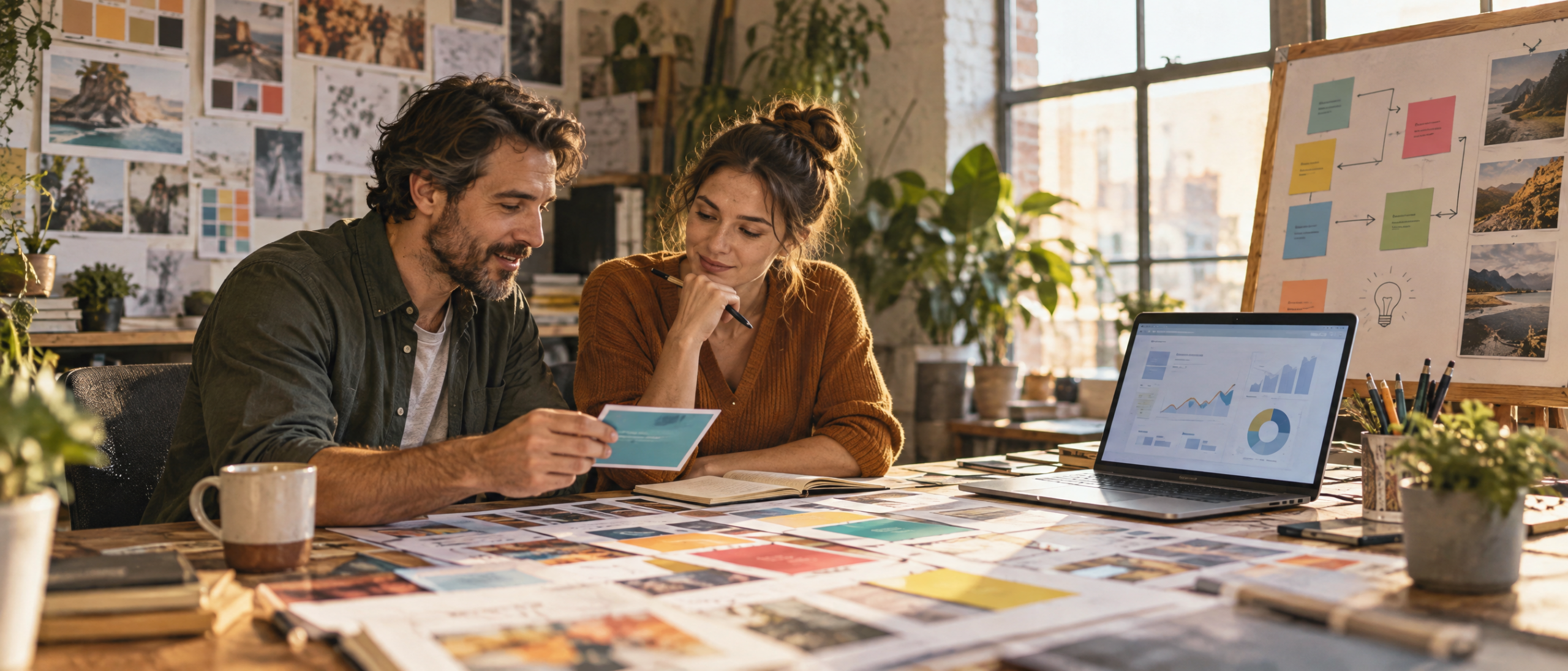 SEO strategist and business owner reviewing search-intent materials in a studio