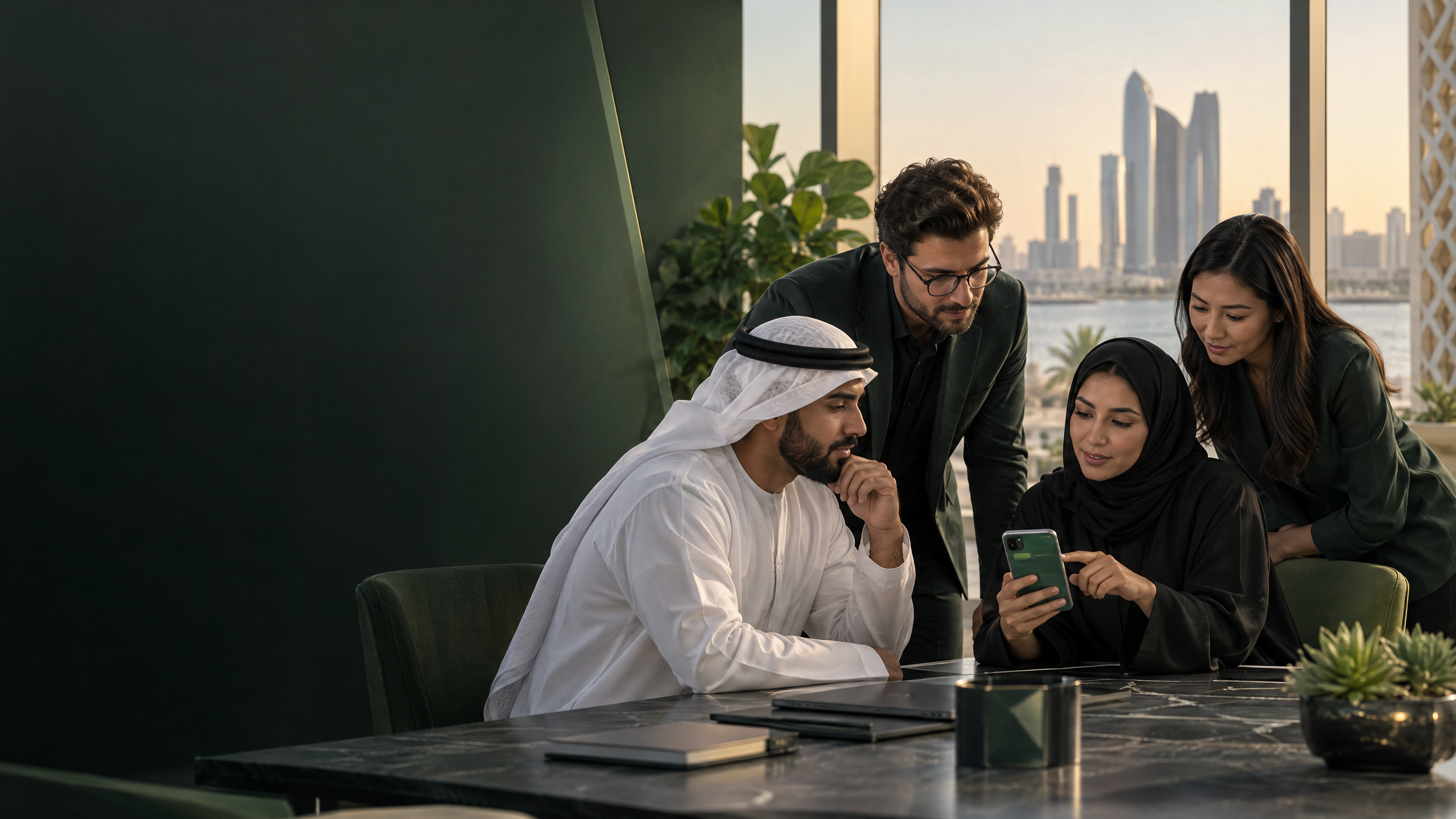 iOS app development team reviewing a mobile product in Abu Dhabi