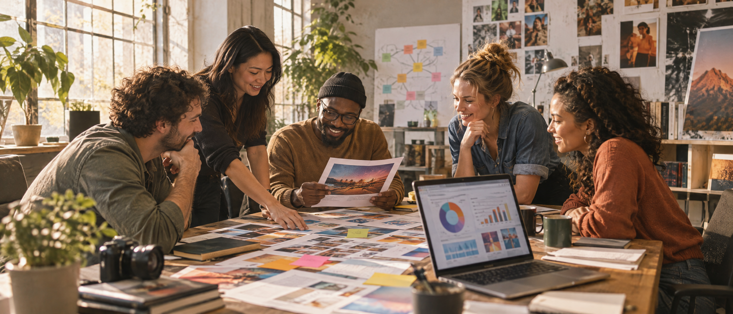 Marketing team collaborating on a colorful campaign strategy in a creative studio