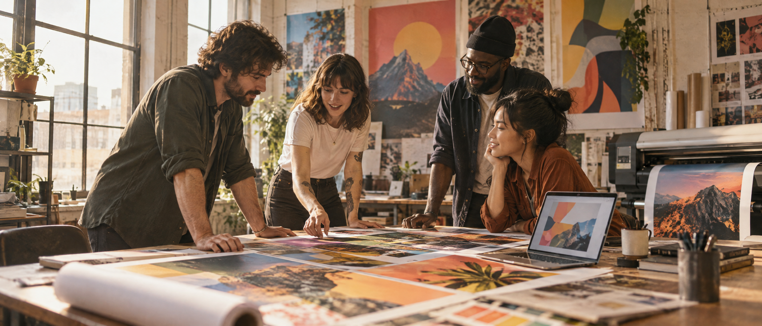 Creative team reviewing colorful large-format poster proofs