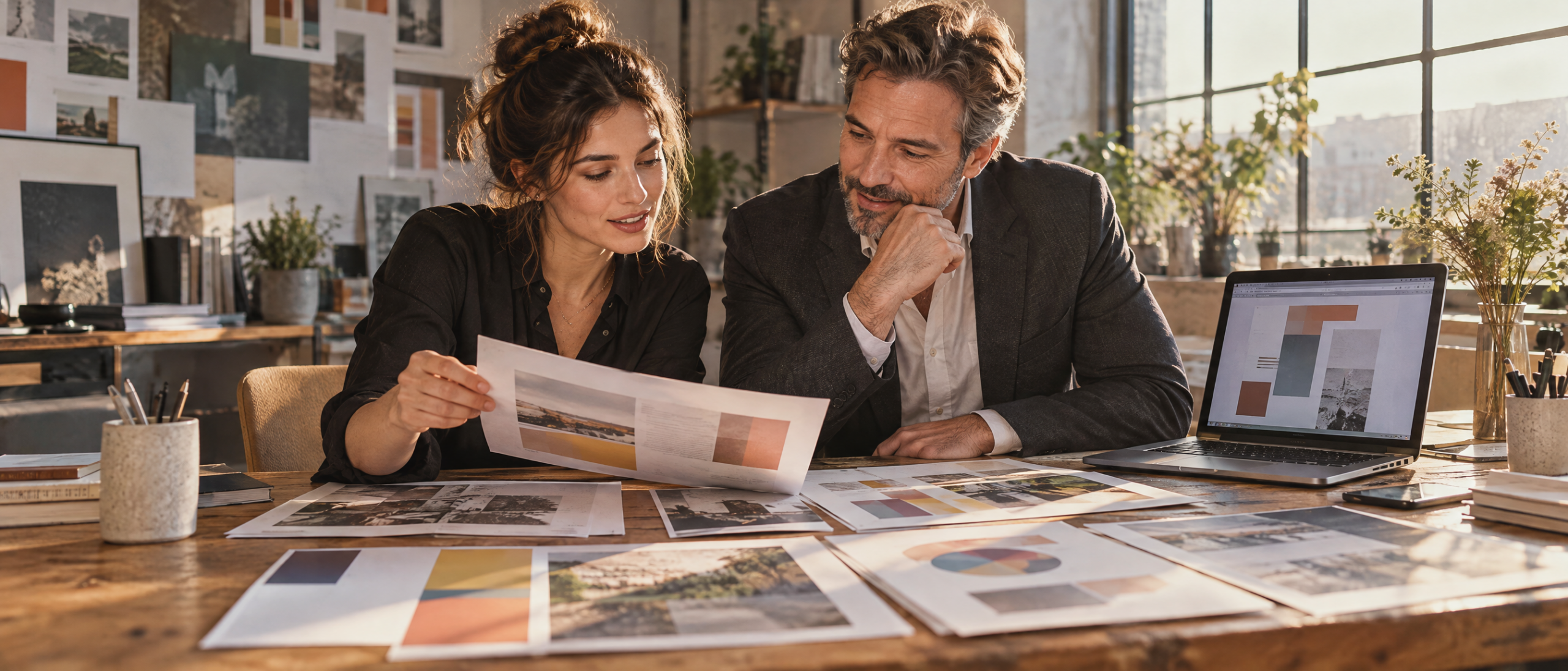 Designer and business professional reviewing colorful printed document samples