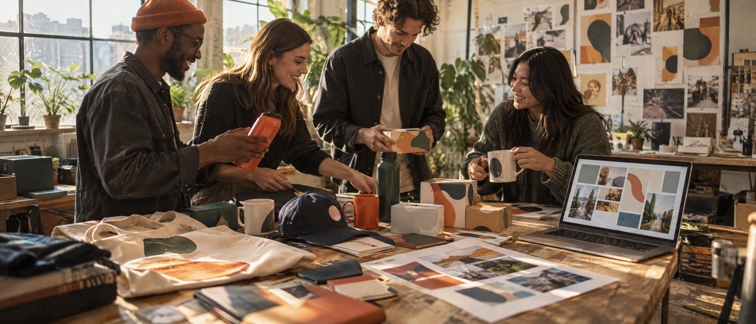 Branding team selecting colorful promotional merchandise and packaging