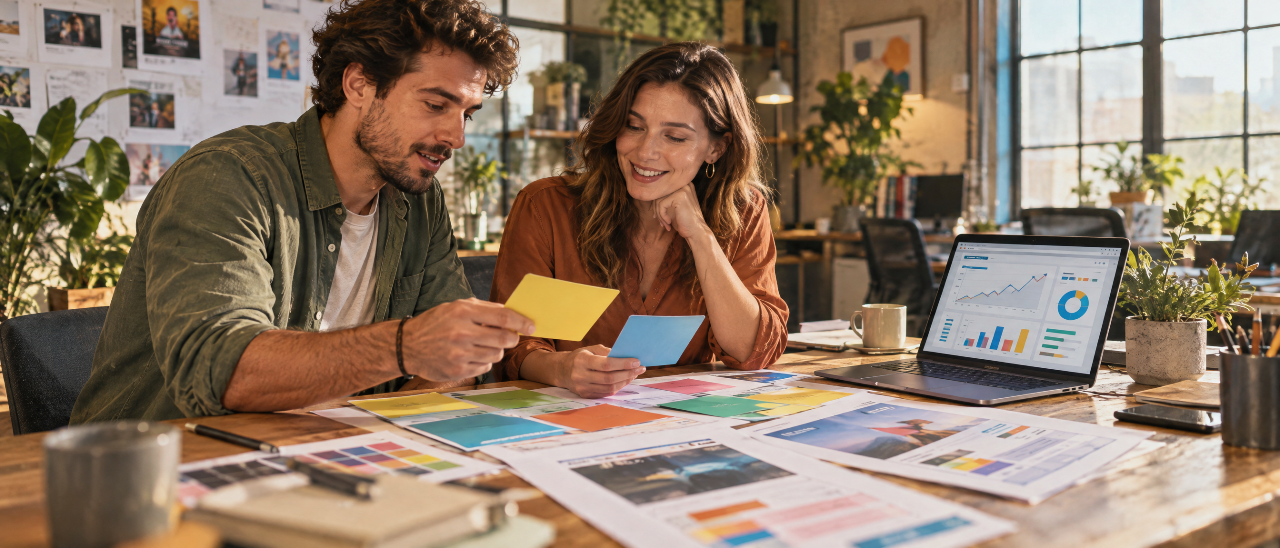 Performance marketer and business owner reviewing paid search campaign materials