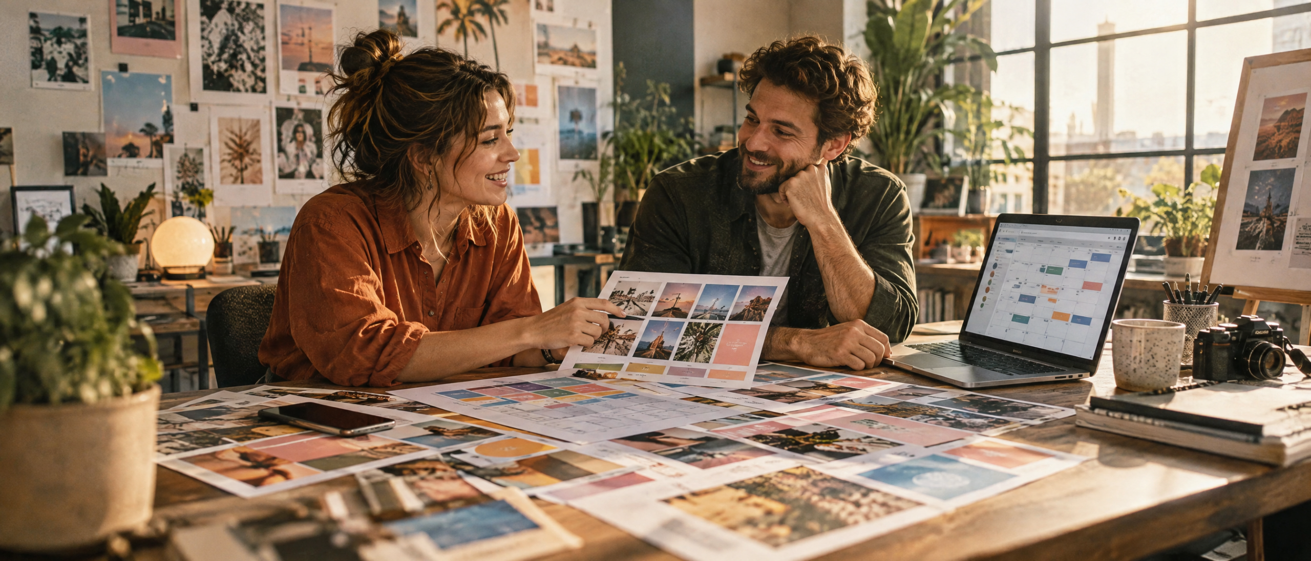 Social media manager and client reviewing a colorful content calendar