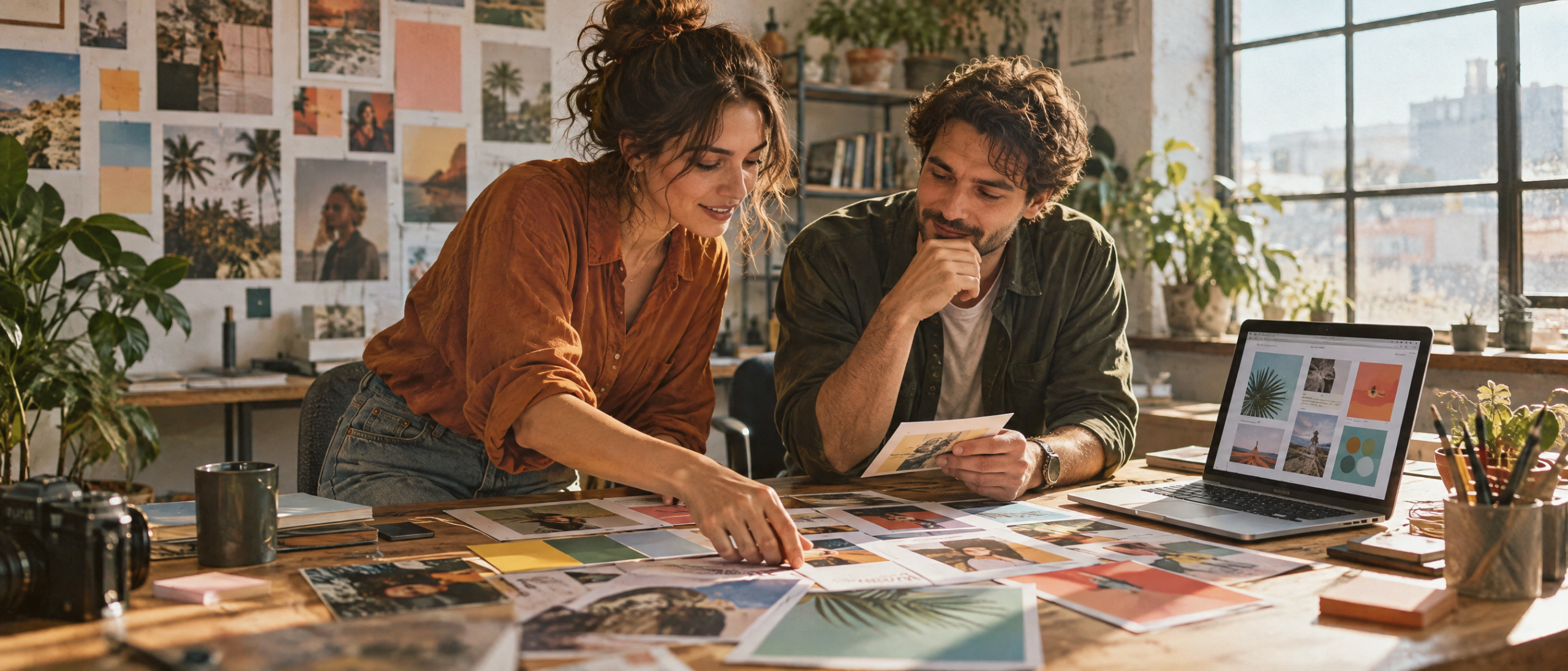Designer and marketer arranging colorful social post concepts