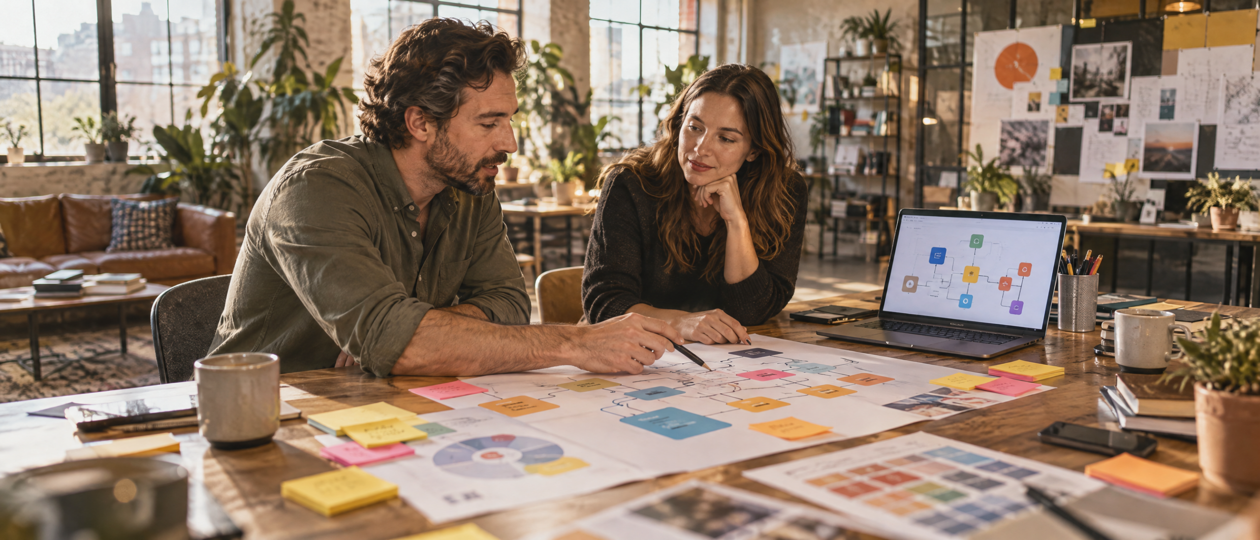 Consultant and client mapping an automation workflow in a creative studio
