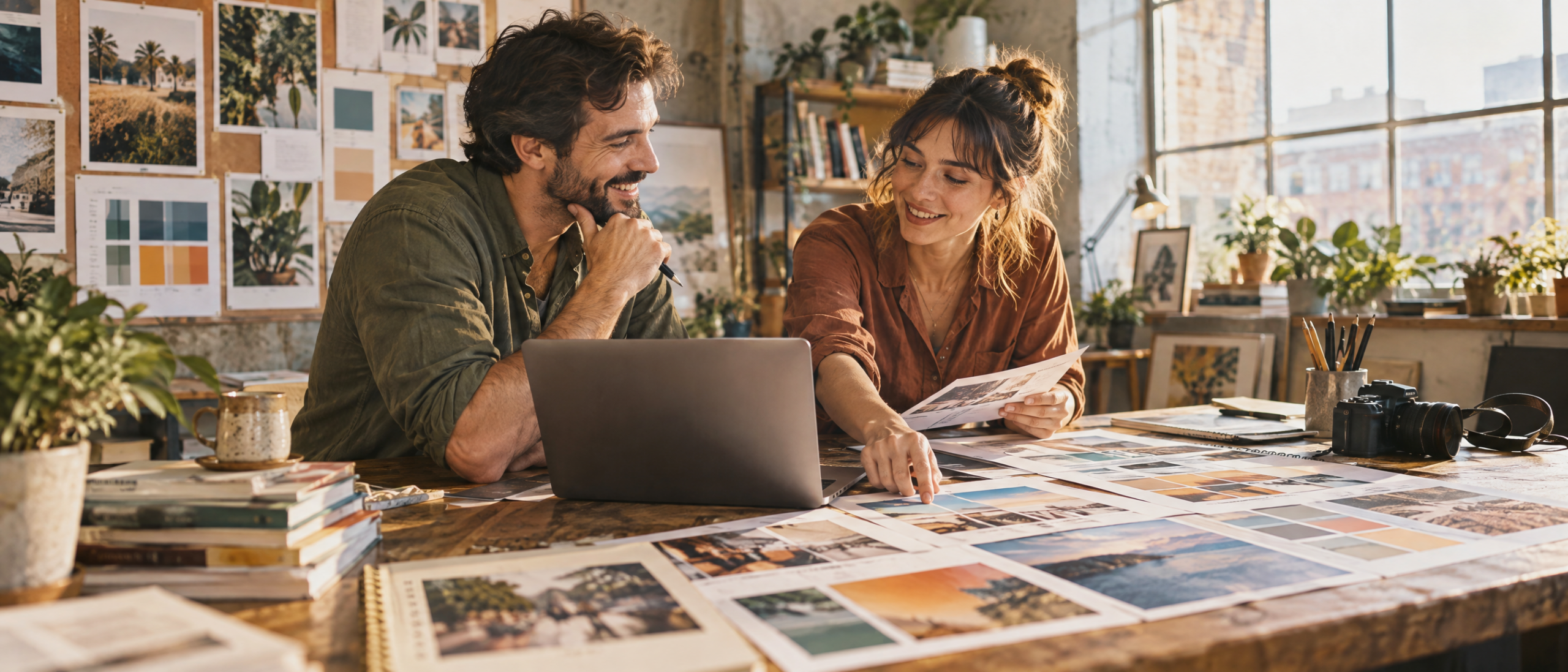 Content strategist and client shaping editorial concepts in a studio