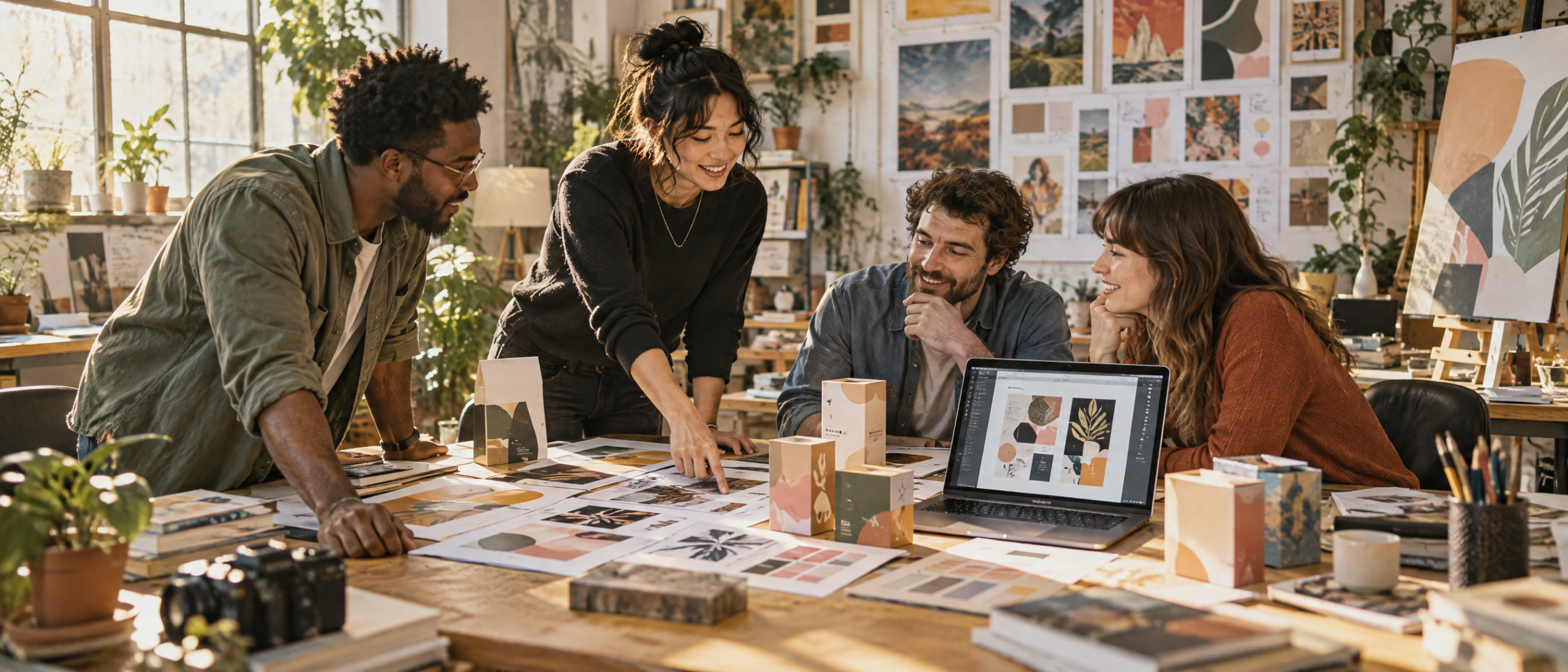 Designers collaborating around colorful brand boards in a creative studio