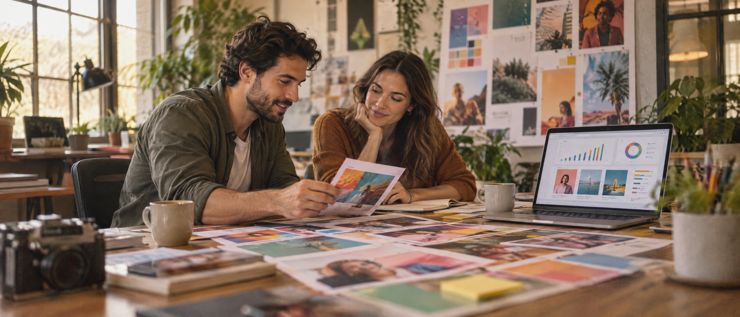 Advertising strategist and client reviewing colorful social ad concepts