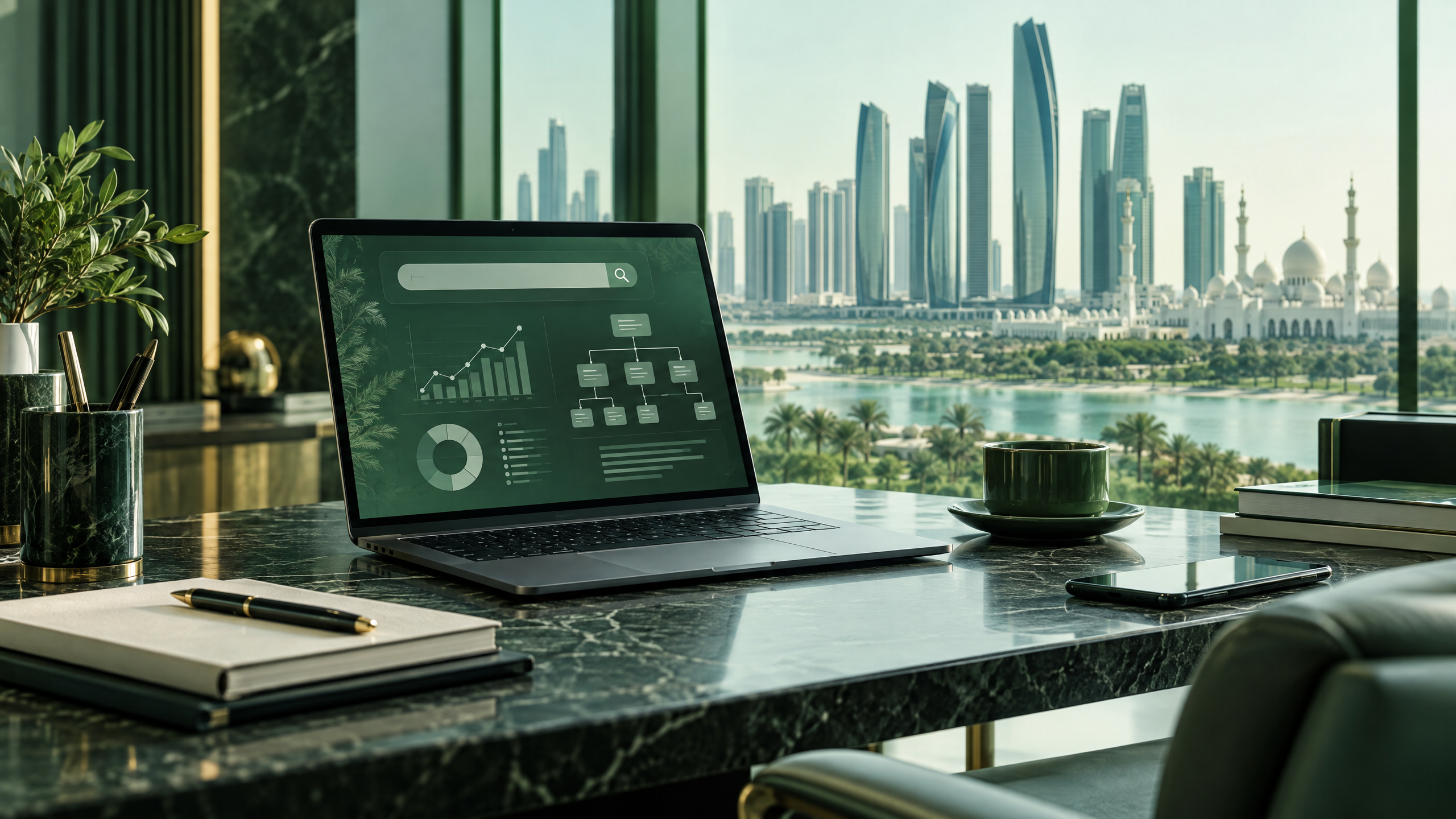 SEO in the UAE: a modern Abu Dhabi business desk with search analytics on a laptop