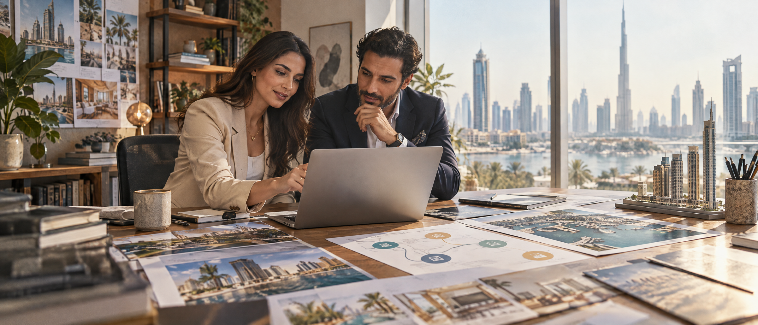 Marketing specialist and property agent review an email follow-up journey with printed planning sheets.