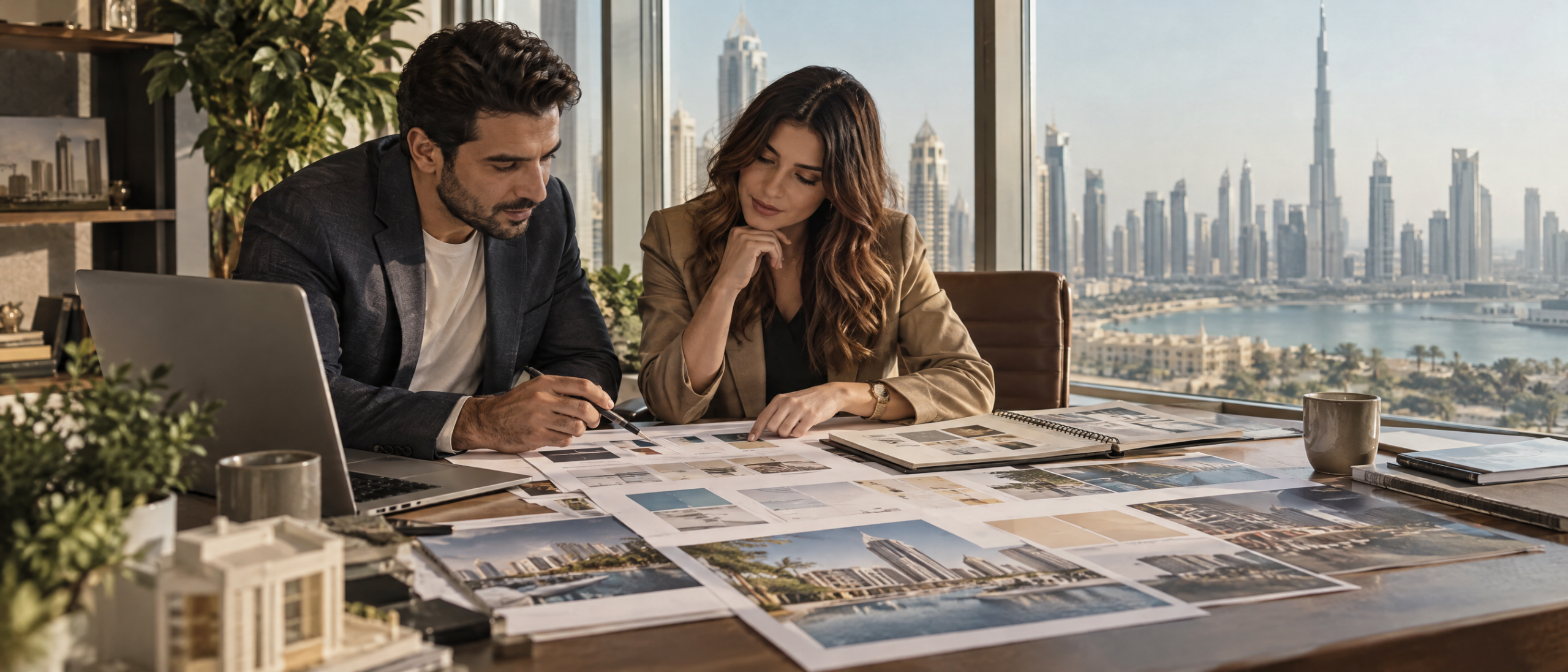 Web project planner and designer review colorful property website wireframes and printed scope documents.