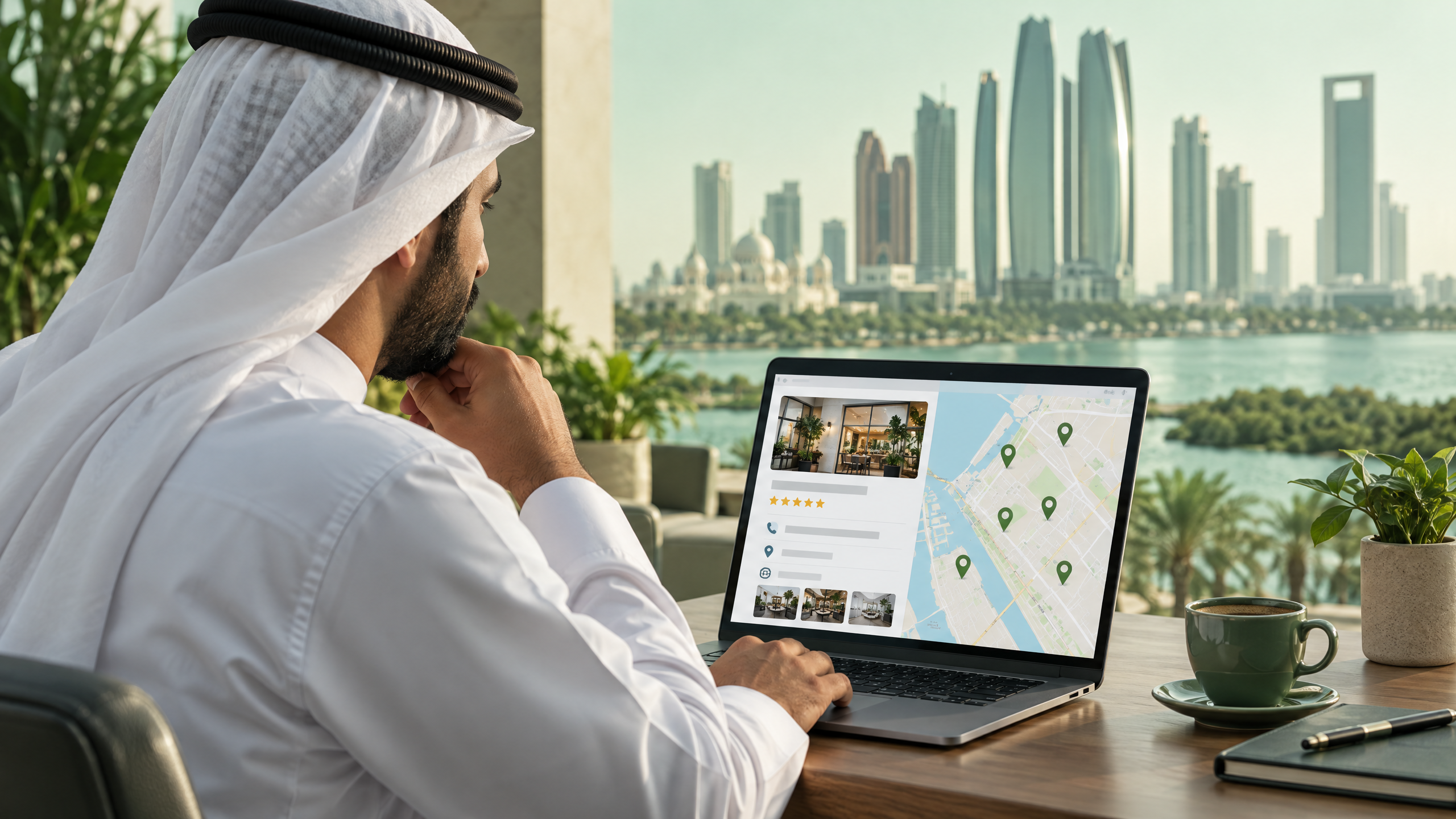 Abu Dhabi business owner reviewing local search map pins on a laptop