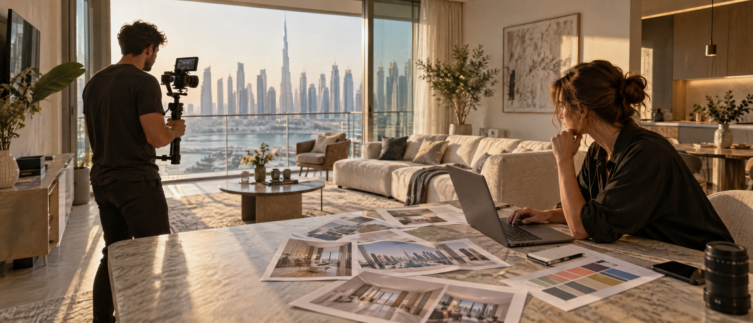 Photographer and teammate prepare a camera and shot plan in a bright modern Dubai apartment.