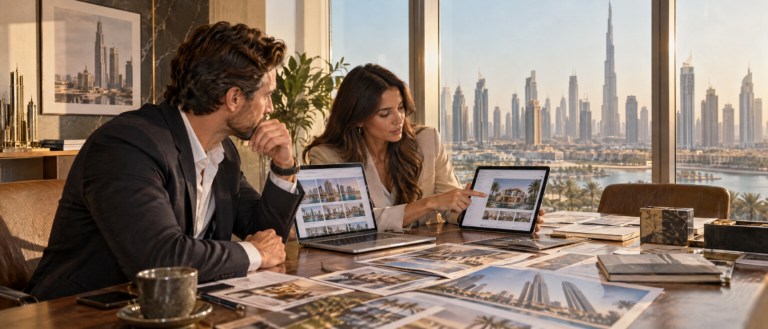 Real-estate strategist and agent compare portal and agency website layouts on screens with printed property cards.