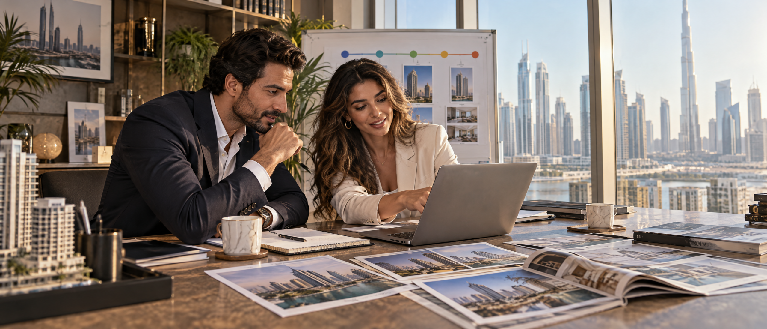 Dubai property agents collaborate around a laptop showing an abstract CRM pipeline and printed listing sheets.