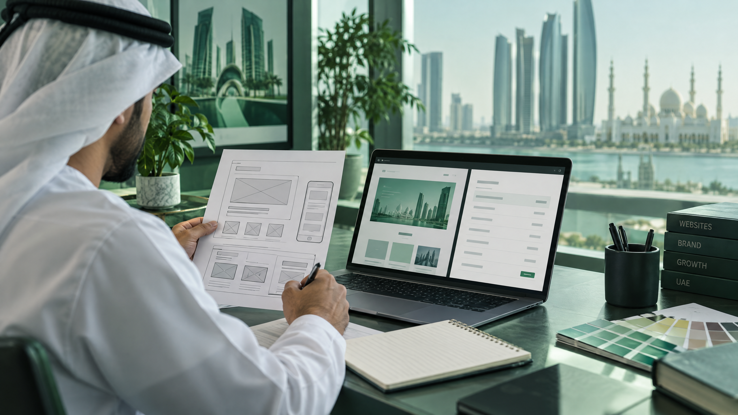 Designer reviewing website wireframes and a project estimate in Abu Dhabi