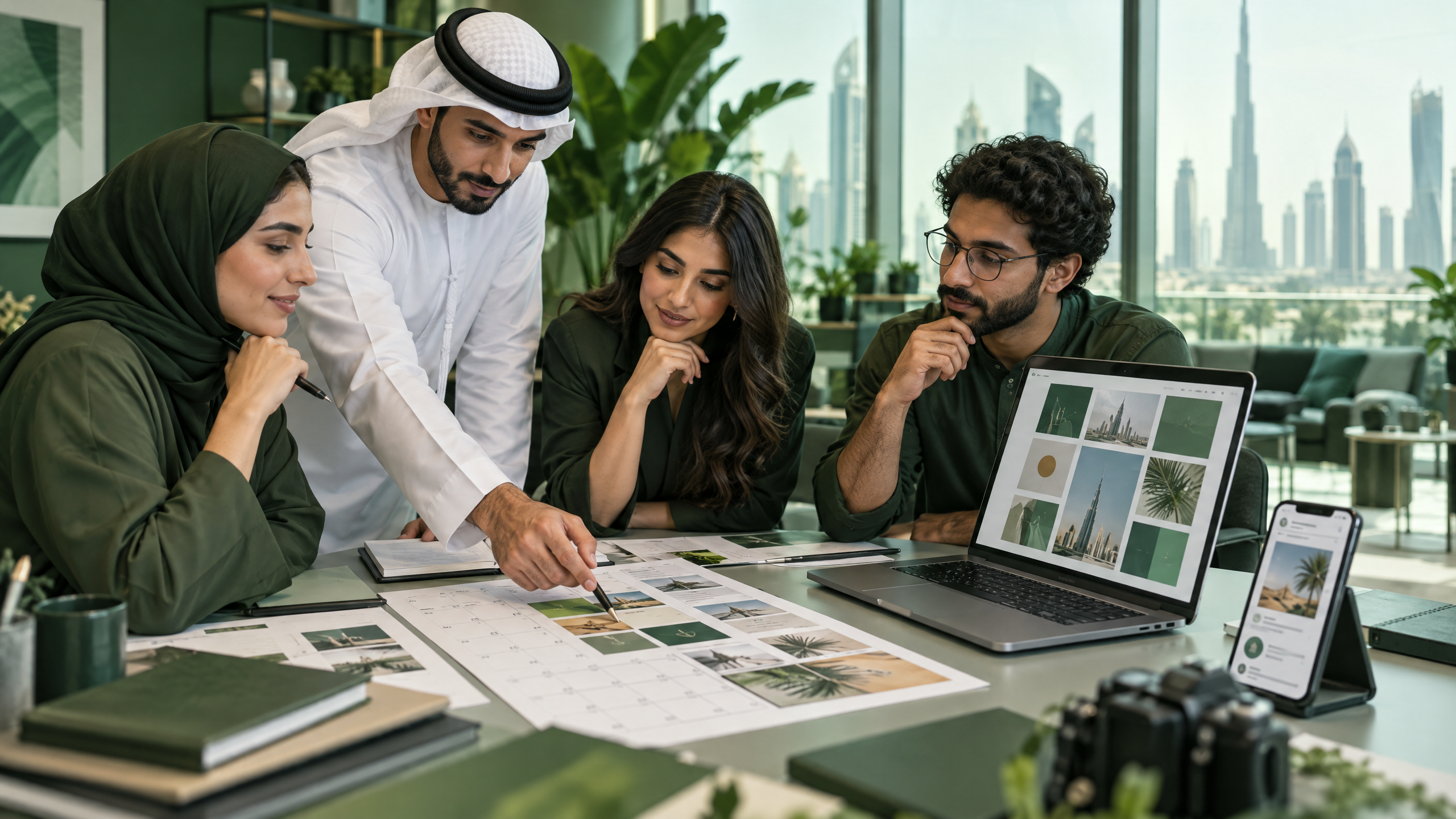 Creative team planning a social media content calendar in a Gulf-region office