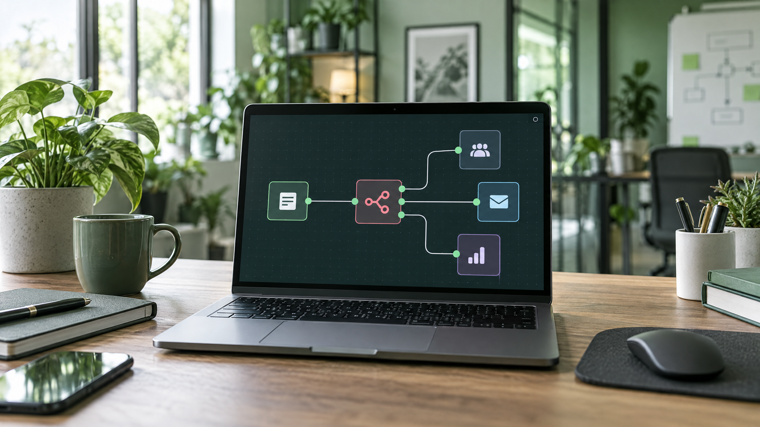 Node-based workflow connecting forms, CRM, email and reporting tools
